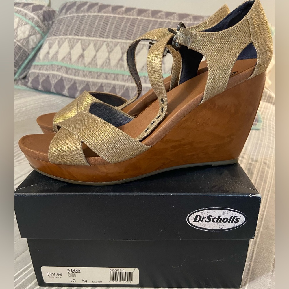 Dr Scholls Melody platform gold wedge sandals size 10